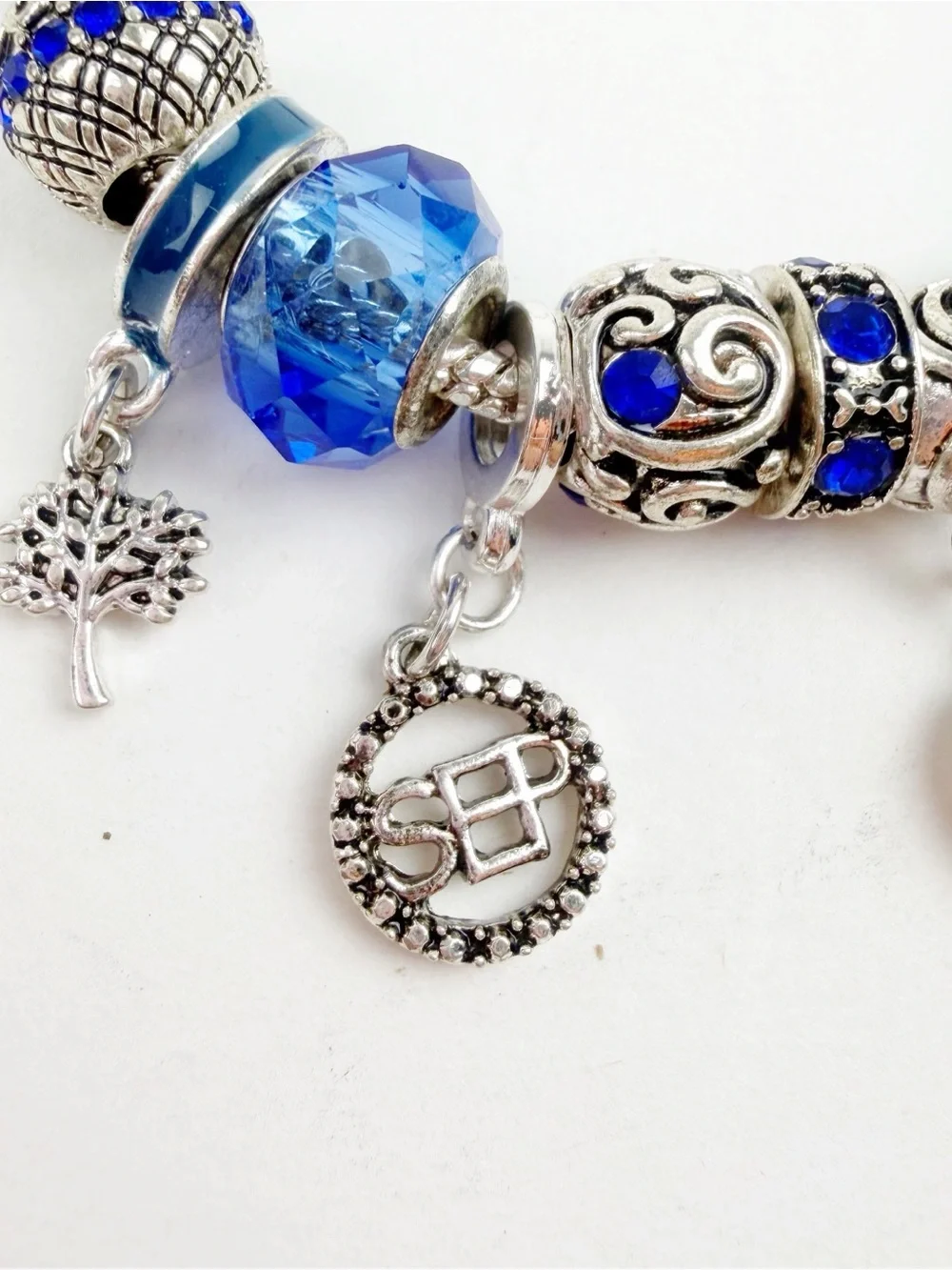 September Sapphire Blue Birthstone Charm Bracelet Silvertone Baby Feet
